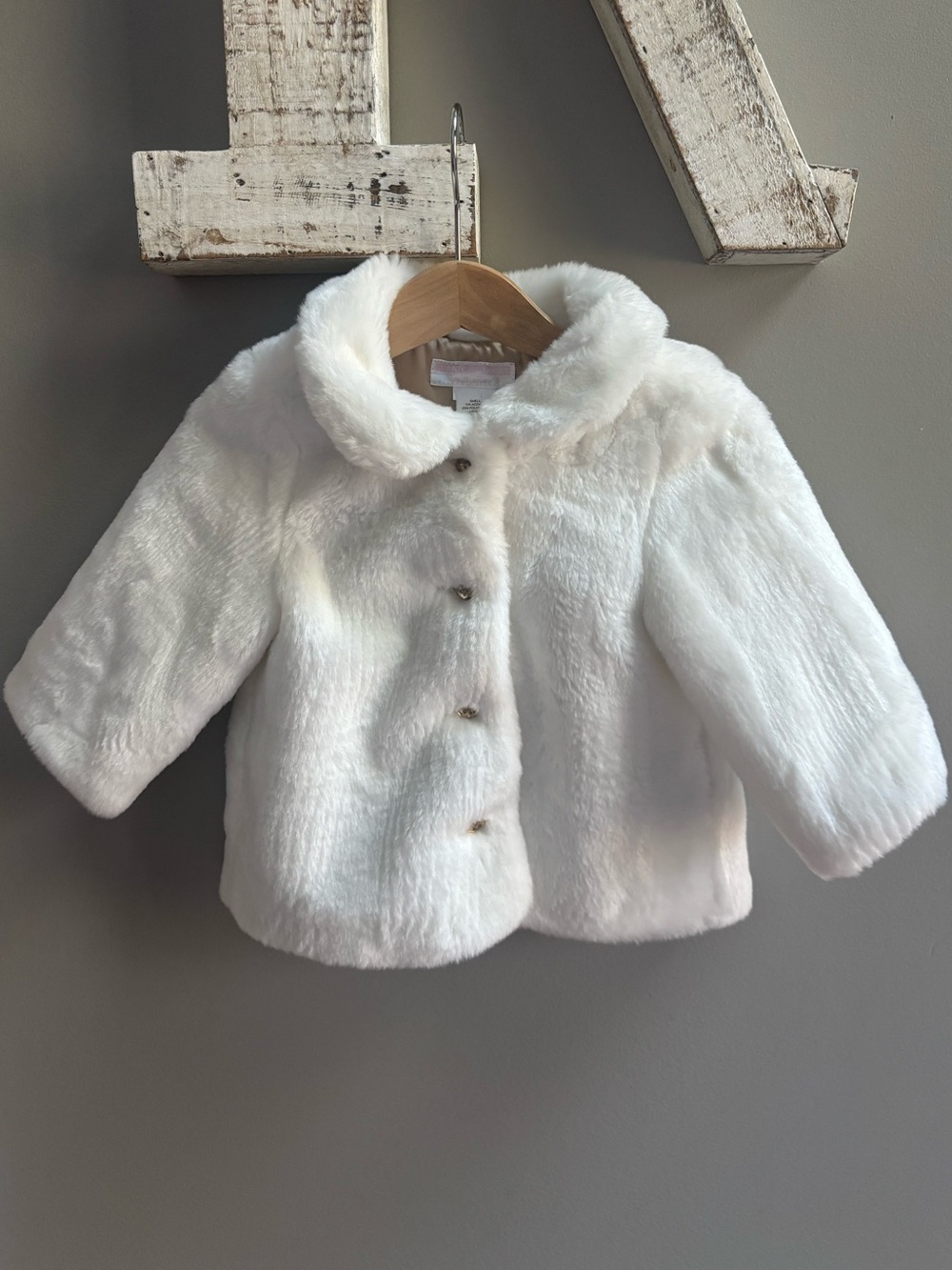 Janie & Jack Layette Cream Faux Fur Coat Gold Gem Buttons Festive Princess 6-12M
